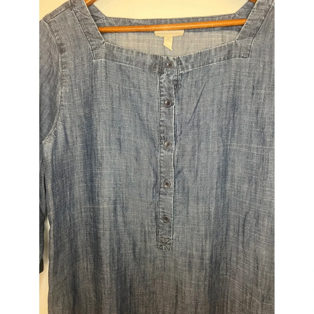 Eileen Fisher Blue Tencel Linen Chambray Square Neck Henley Shift Dress S - Picture 4 of 10